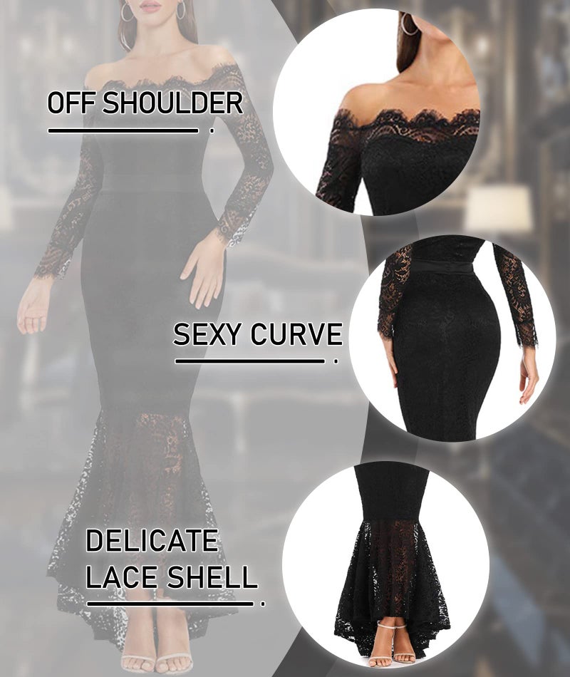 LALAGEN Women's Floral Lace Long Sleeve Off Shoulder Wedding Mermaid Dress Eyelash L Black - Image 5